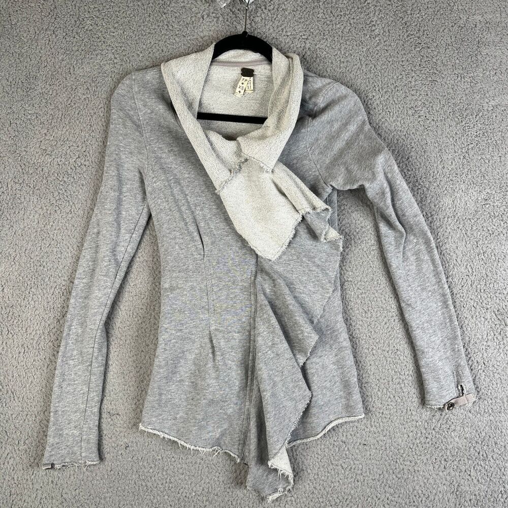 WE THE FREE Sweatshirt Womens XS Gray Knit Ruffle Full Zip Sweater Gathered Back